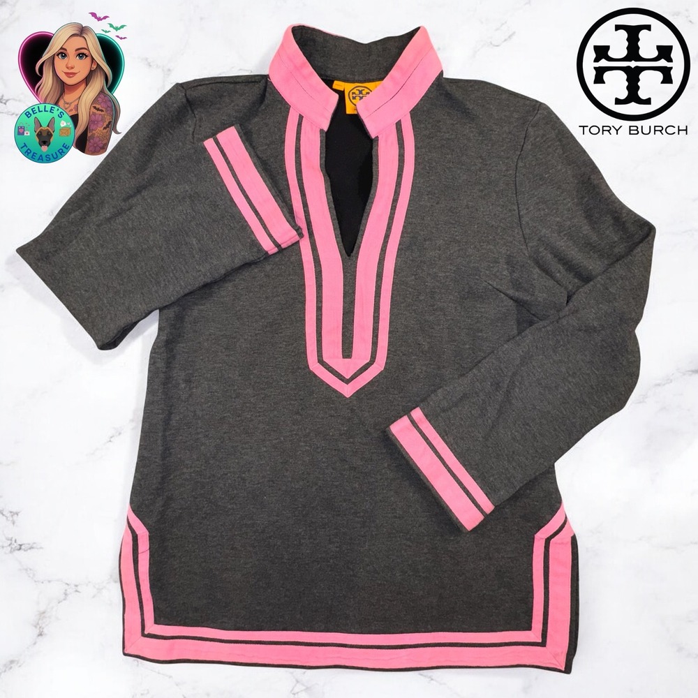 Tory Burch Women's Large Gray Pink Trim Tunic Top Shirt Jersey Sweater Warm Cozy